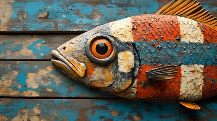 Close-up of a hand-painted fish sculpture on a rustic wooden background. The fish has bright stripes and a detailed eye. Striped Fish on Weathered Wood