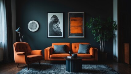 modern chic living area featuring an orange lounge chair