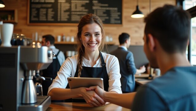 Cheerful barista taking an order with a tablet from a customer in a coffee shop, while the restaurant owner and customer shake hands.