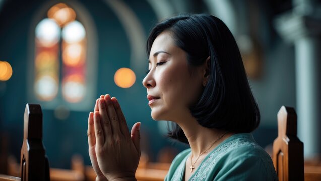 Christian woman of Asian descent expressing gratitude in prayer at a church, close-up.