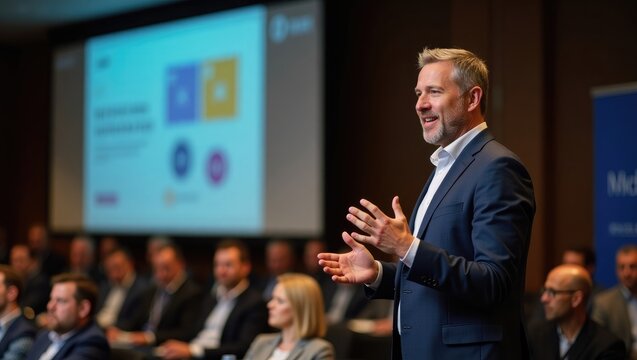 business executive delivering a talk at a conference