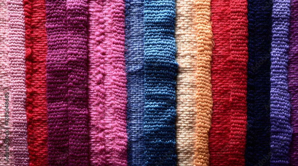Poster Close-up view of various knitted textures in vibrant colors. A rich display of yarn and patterns. Vibrant Tapestry of Knitted Textures: A Colorful Symphony of Yarn