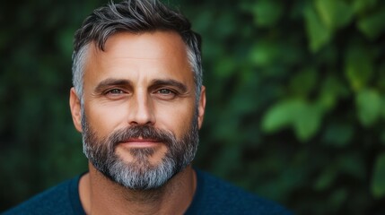 Fototapeta premium Charismatic Man's Portrait: A close-up headshot of a handsome man with striking gray hair and beard against a vibrant green foliage background, exuding confidence and approachability.