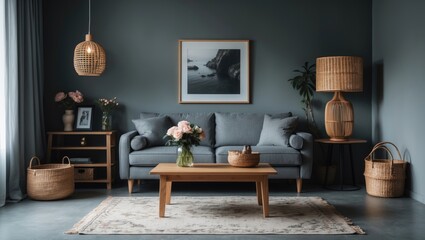 Minimalist living room featuring a gray couch, wooden coffee table, framed picture, floral arrangement, rattan lighting, assorted baskets, and stylish decor. Sophisticated interior design with gray...