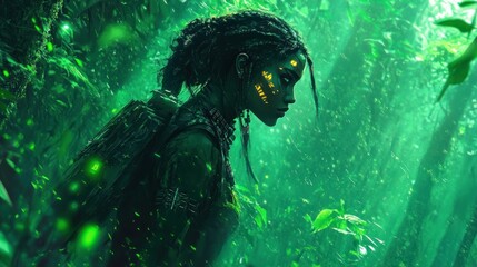 A profile of a woman adorned with tribal markings, surrounded by lush green jungle foliage, evoking mystery