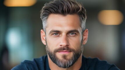 Fototapeta premium A Gaze of Confidence: A handsome man with a well-groomed beard and stylish graying hair looks directly at the viewer, conveying an aura of self-assuredness. 