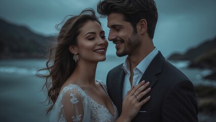 elegant engaged couple sharing a joyful moment by the water