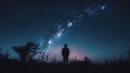 Fototapeta premium Silhouette of a nature scene at night featuring a starry cosmic nebula in the universe.
