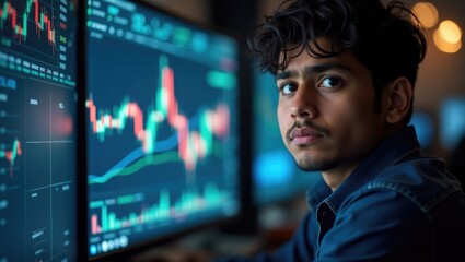 Young Indian trader with a serious expression analyzing stock market data on screens.