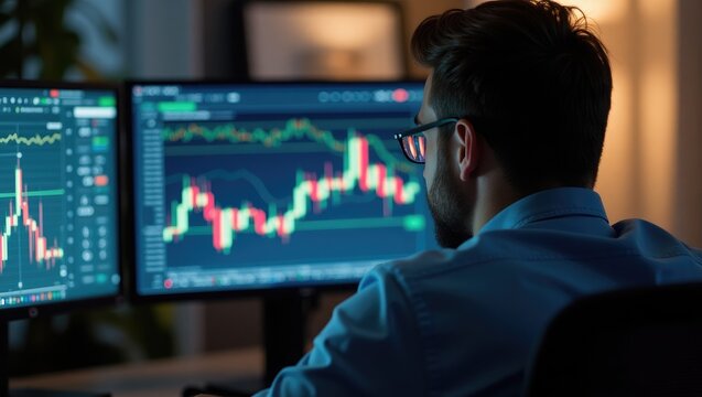 Profile view of a focused trader in an office, evaluating financial indices, analyzing charts, engaging in online trading, and reviewing investment data on cryptocurrency market graphs displayed on...