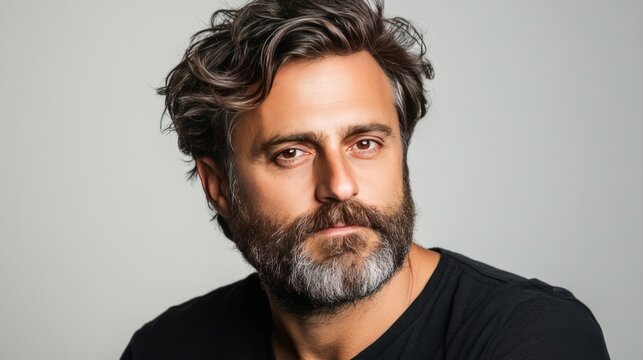 The Contemplative Gaze: A captivating portrait captures the essence of a man, his thoughtful eyes reflecting depth of character. His rugged beard and tousled hair add to a natural.