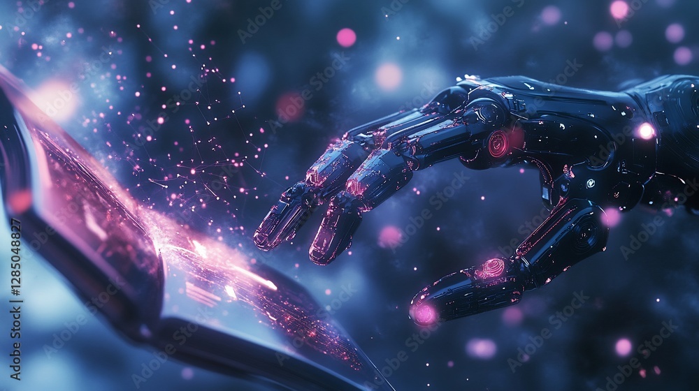 Aufkleber futuristic robotic hand interacting with digital display with glowing purple patterns