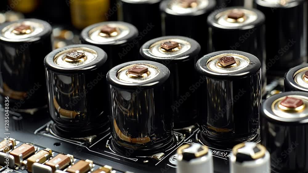 Poster close-up view of capacitors on a circuit board showcasing electronic components and detailed enginee