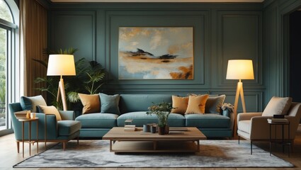 cozy living area featuring a spacious couch and a pair of standing lamps