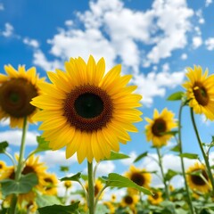 Fototapeta premium Golden Sunflowers Blooming Against Blue Sky with White Clouds