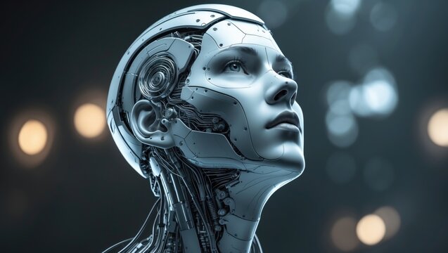 Illustration of a humanoid head representing a creative AI concept showcased on a modern digital tablet, gazing upwards.