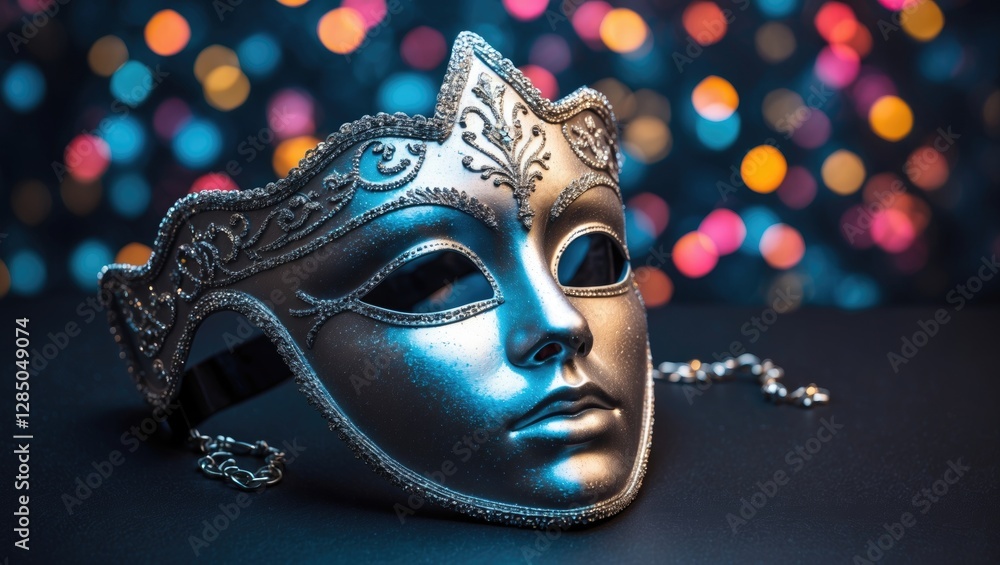 Poster glistening carnival mask placed on a dark surface with a vibrant bokeh backdrop