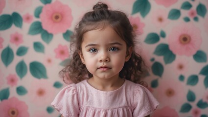 Charming textile patterns for children in pink hues featuring a little girl against a floral background, ideal for scrapbooking.