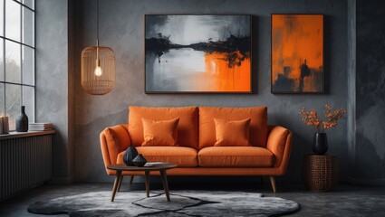 modern abstract paintings featuring gray and orange hues on wall art