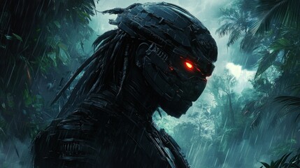 Futuristic cybernetic warrior stands in a lush jungle during a rainstorm, evoking mystery