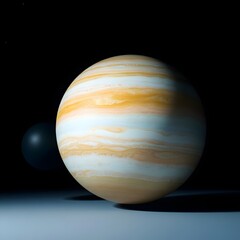 Naklejka premium Jupiter-like Exoplanet with Companion in Deep Space Renderin, Striped Gas Giant Planet with Moon, Abstract 3D Illustration