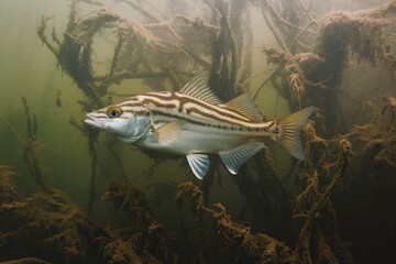 Stripped Bass swimming in its freshwater habitat in murky, olive-green water filled with submerged branches and vegetation, side view, close-up