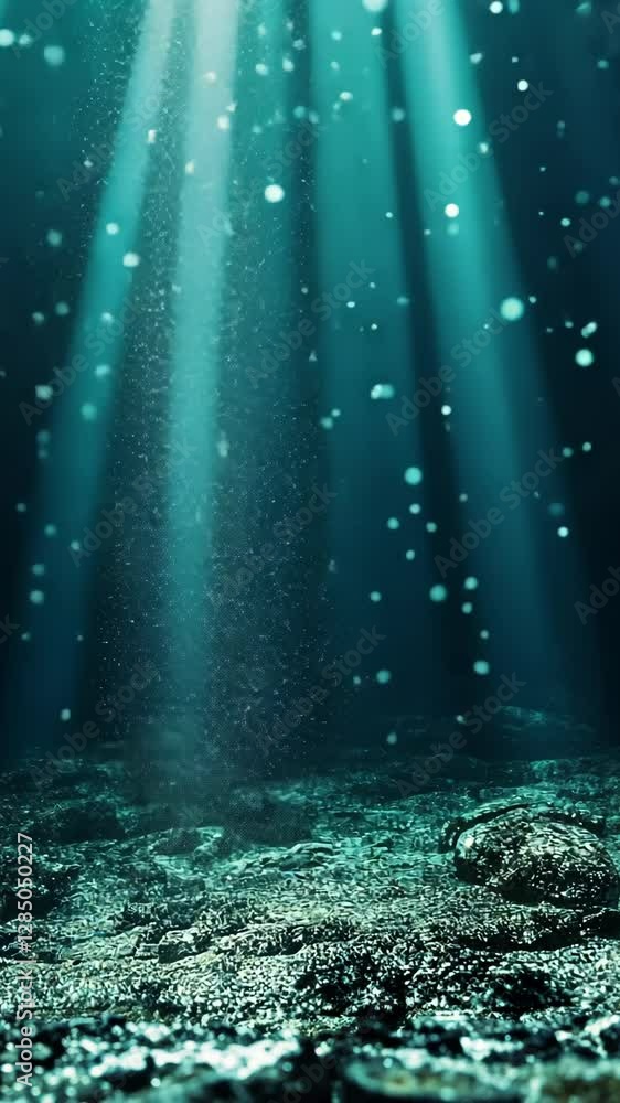 Poster sunlight filters through water creating an ethereal underwater atmosphere with particles and rocks