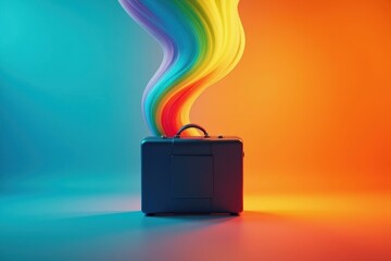 Suitcase is sitting on floor with rainbow colored smoke coming out of it