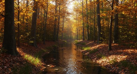 Fototapeta premium Autumn Forest Scene with Stream and Colorful Foliage, Natural Light