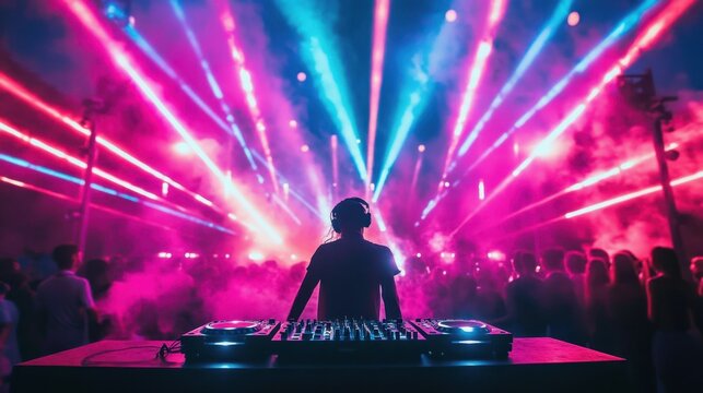 A DJ at a music festival, standing behind a turntable with vibrant neon lights, lasers, and a crowd dancing under the night sky.