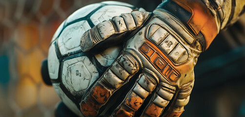 Goalkeeper gloves gripping soccer ball
