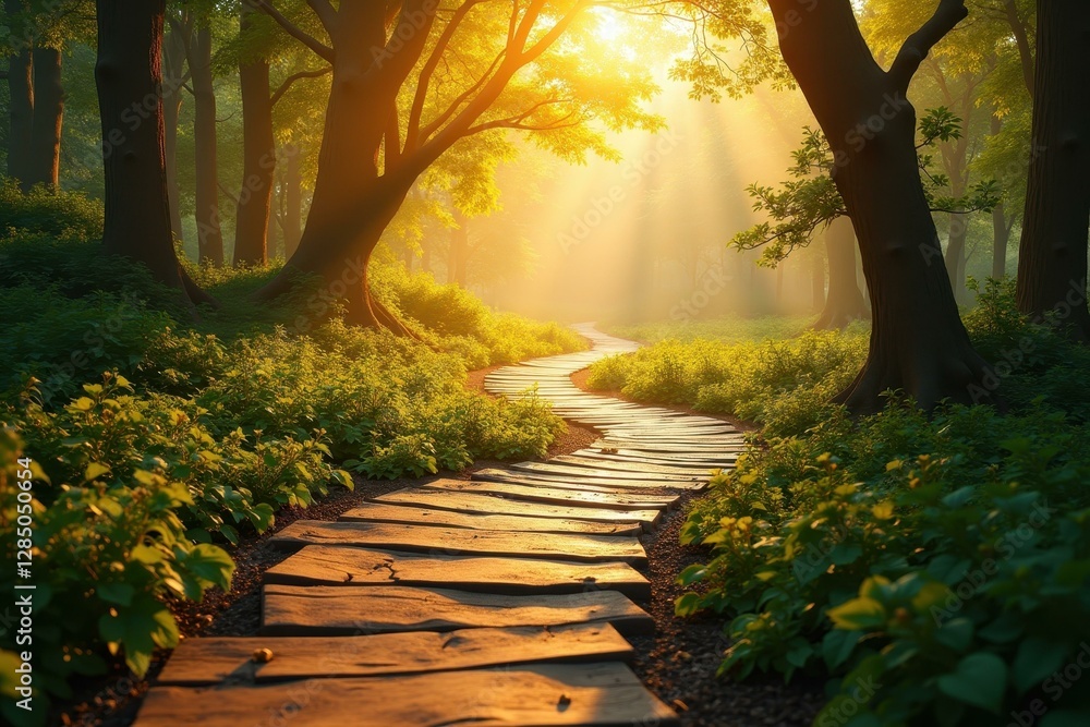 Poster sun shines through trees and leaves on path