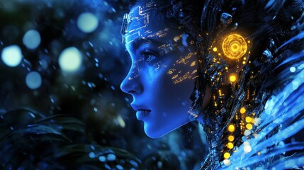 Futuristic woman with glowing circuitry on her face, set against a mystical blue forest background