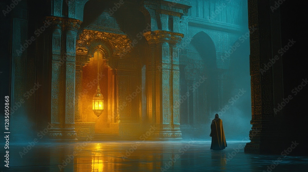 Poster mysterious figure in a grand, illuminated hall with ornate architecture and soft mist
