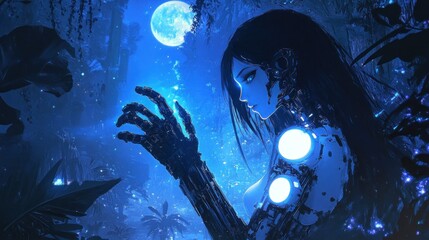 Futuristic humanoid figure with robotic features in a luminescent jungle under a full moon
