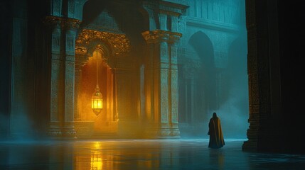 Mysterious figure in a grand, illuminated hall with ornate architecture and soft mist