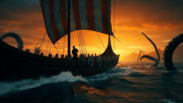 Viking longship attacked by kraken monster in stormy sea at sunset. Ancient nordic drakkar sailing through dangerous waters. Mythological sea battle scene