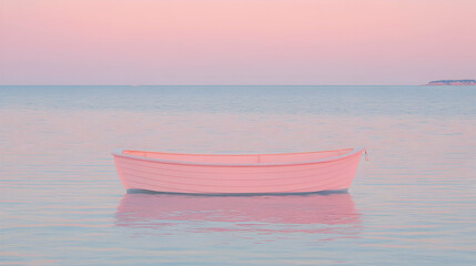 Naklejka premium Pink rowboat floats calm sea sunset; tranquil scene