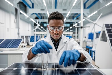 Young African American engineer working on solar panel array in lab wearing safety goggles and gloves, shot with bright, modern, clean aesthetics