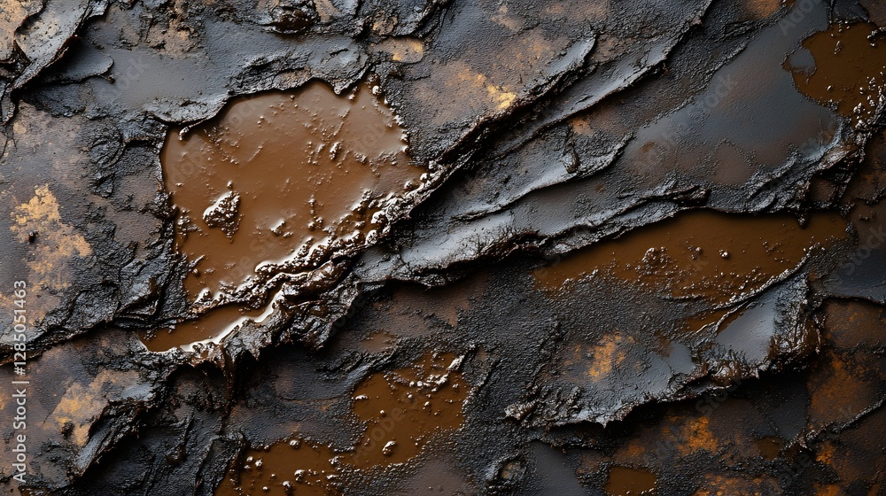Poster abstract image showcasing the textures of mud, with variations in dark brown and black tones creatin