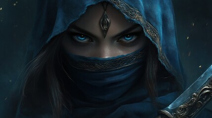 Naklejka premium Mysterious hooded figure with piercing blue eyes, holding a sword in a dark, mystical setting