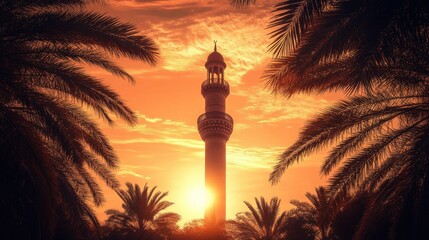 Serene Sunset over Minaret Surrounded by Lush Palm Trees in Warm Glow of Evening Light