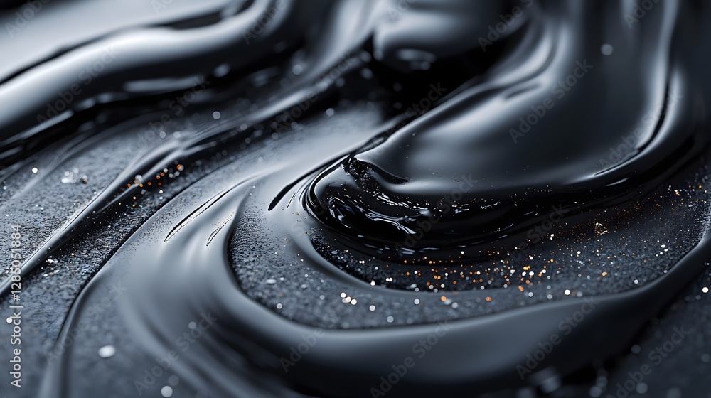 Poster Close-up of an abstract image featuring a dark, glossy liquid with shimmering particles.Abstract Dark Liquid Art: Swirling Black Texture with Glittering Particles