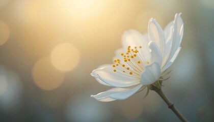 Close up of a single delicate white flower blooming in soft sunlight