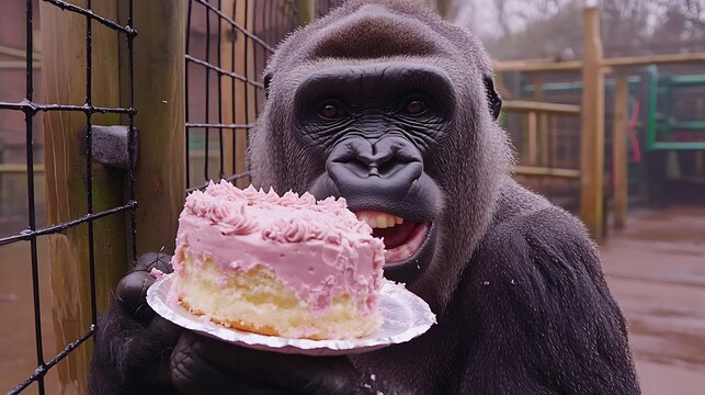 A gorilla eats a pink cake while behind a metal fence