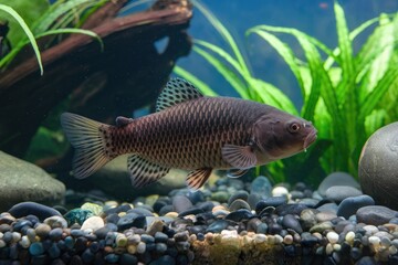 Naklejka premium Bronze Mahseer Fish Swimming Amidst Green Plants and Smooth Stones in Natural Light