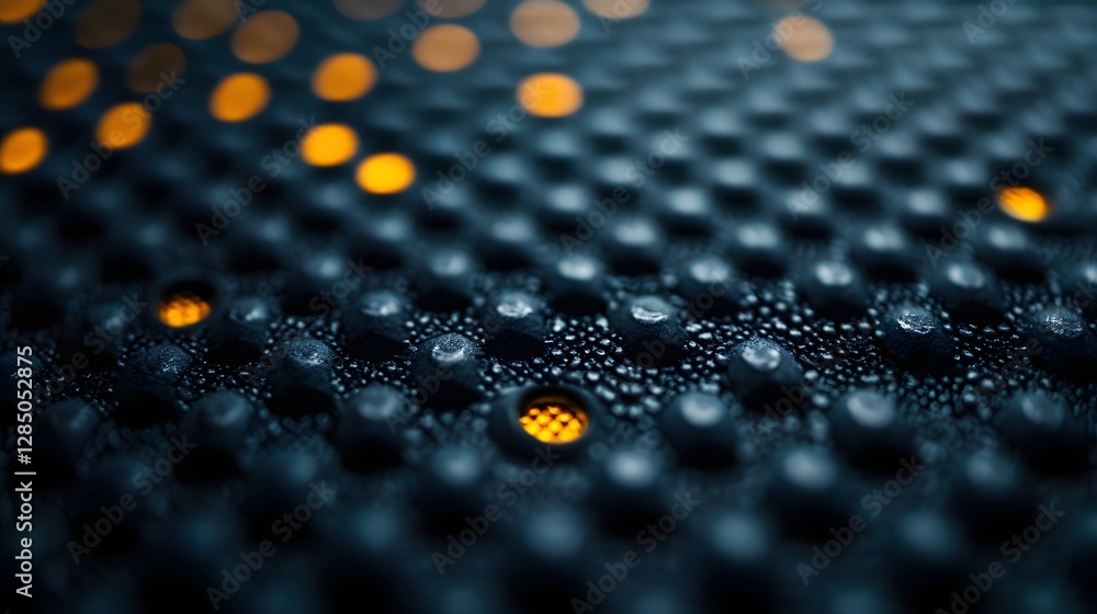 Poster Close-up view of a textured surface with illuminated dots. The macro photography reveals intricate details. Abstract Macro Photography of a Textured Surface with Illuminated Dots