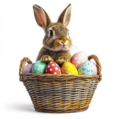 rabbit sits in colorful basket filled with decorative eggs