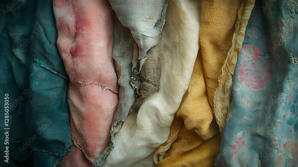 Aufkleber close-up view of various fabrics arranged in layers, showcasing rich colors and textures. textured f