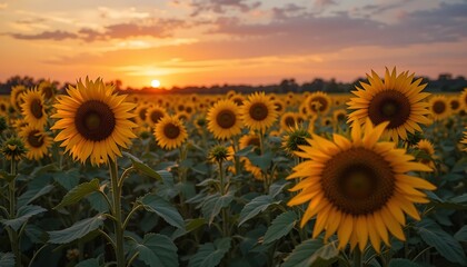 Stunning Sunset over a Vibrant Sunflower Field at Golden Hour